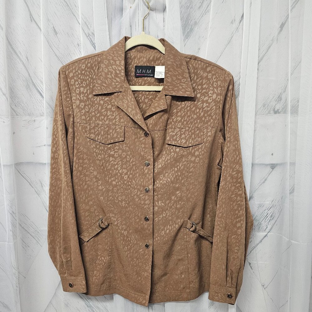 Vintage Melissa Harper Tan Abstract Animal Print Business Safari Blouse 16